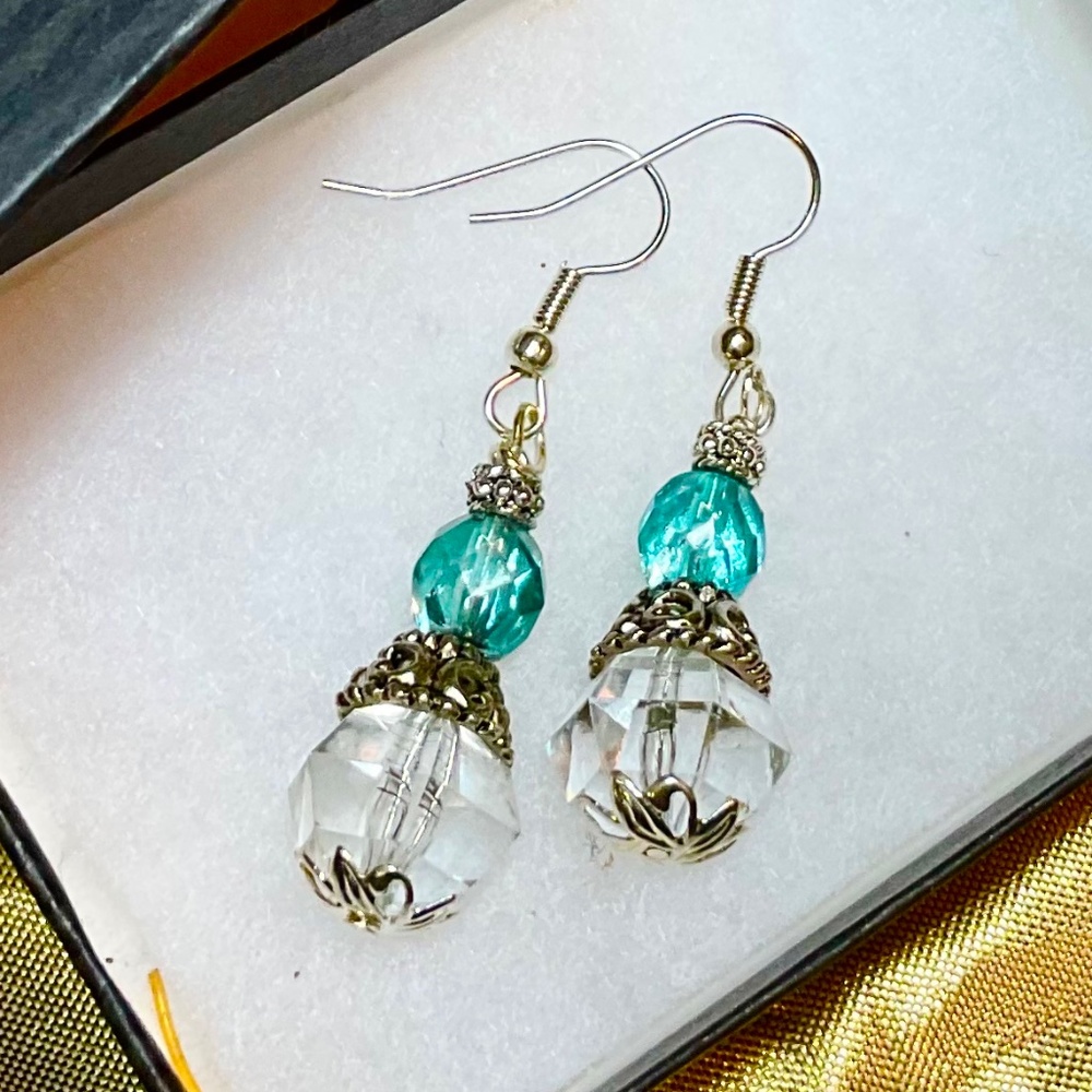 Apostle Creations Silver,Teal & Clear AB Swarovskis Earrings